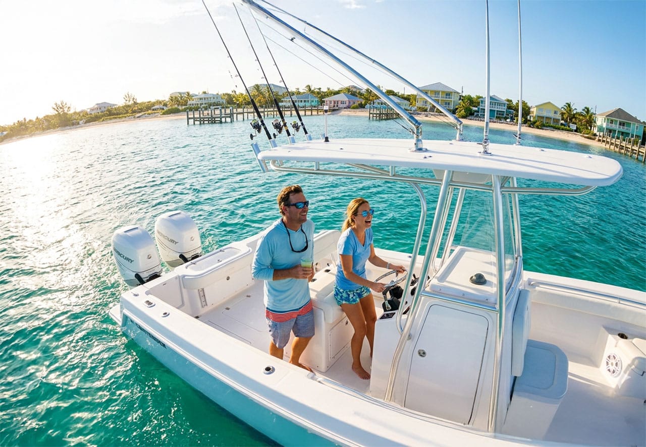 happy-couple-boating-green-turtle-cay-bahamas-31-Foot-Contender-boat-rental